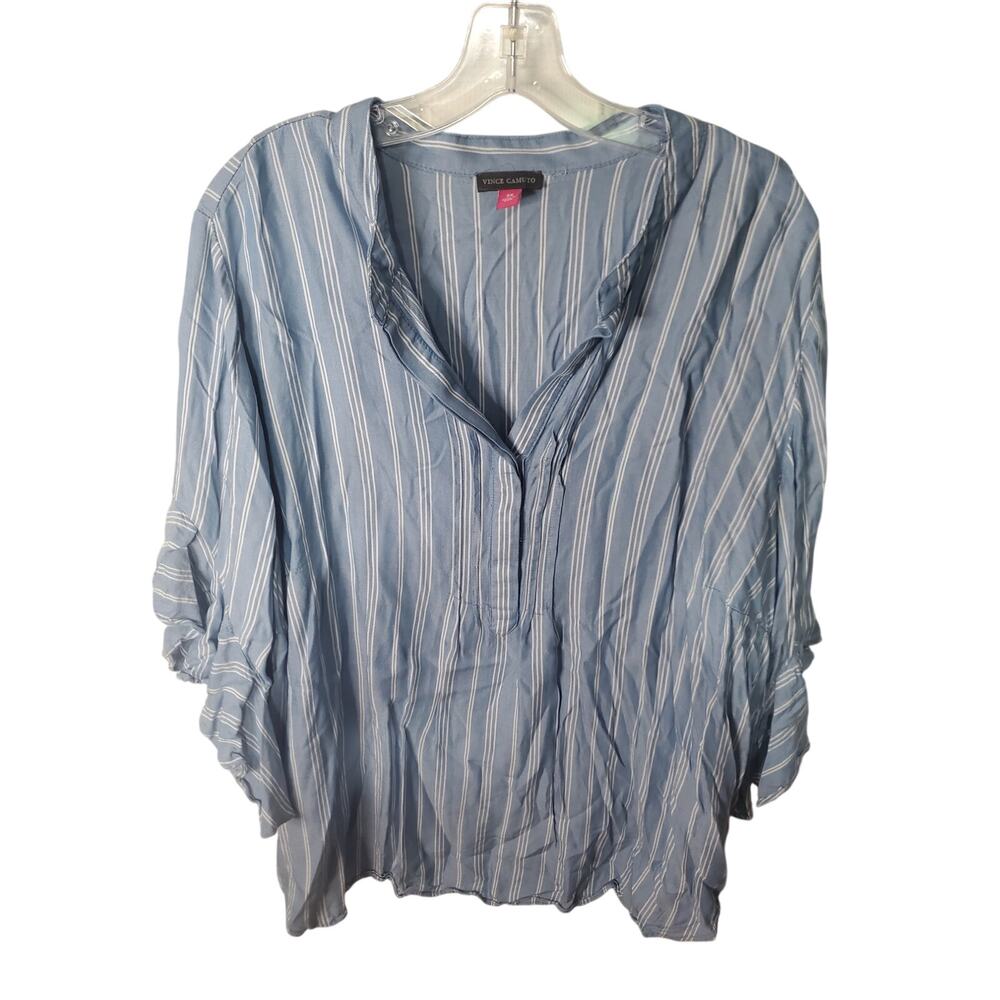 Vince Camuto Blue/White Stripe Notch Neck Ruffle Sleeve Top, 2X